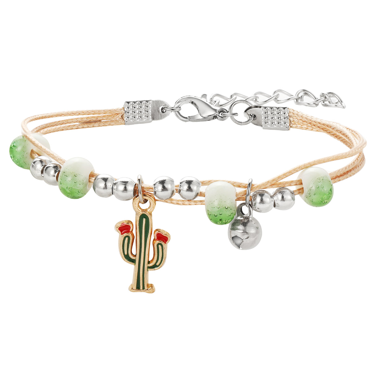 Green Enamel and Two-Tone Cactus Layered Charm Bracelet, bracelet for women, vintage-inspired design, front view