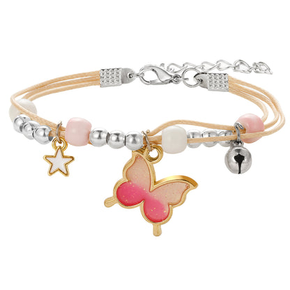 Pink Enamel and Two-Tone Buttefly Layered Charm Bracelet, bracelet for women, everyday style, front view