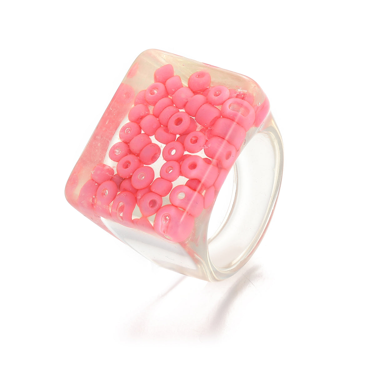 Pink and Translucent Beaded Square Ring, statement rings for women, botanical inspired, front view