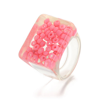 Pink and Translucent Beaded Square Ring, statement rings for women, botanical inspired, front view