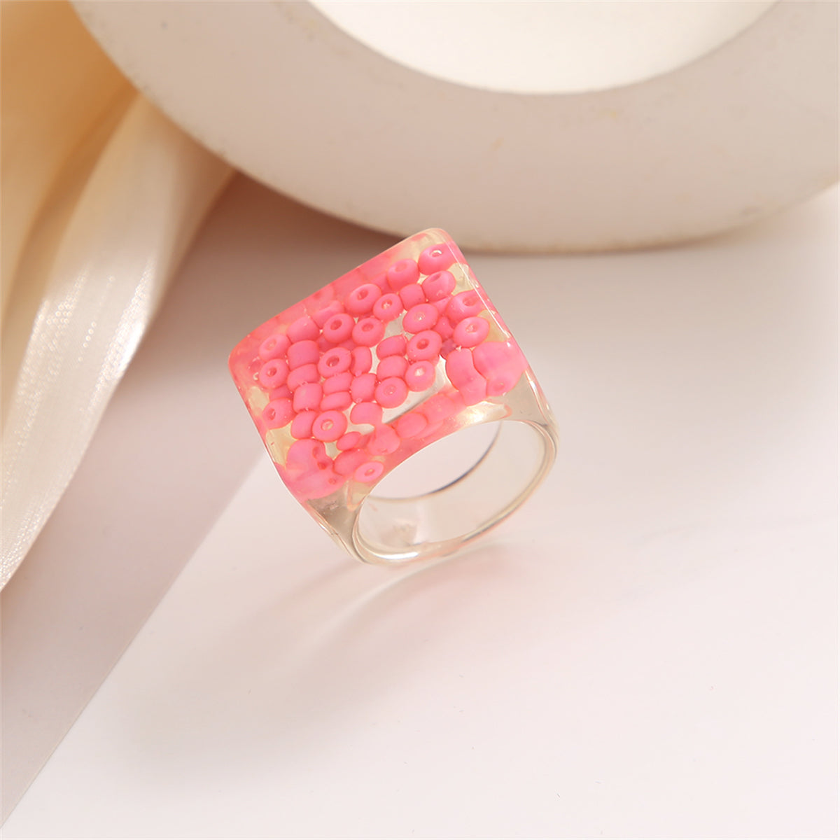 Pink and Translucent Beaded Square Ring, statement rings for women, botanical inspired, styled look