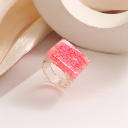 Pink and Translucent Beaded Square Ring, statement rings for women, botanical inspired, side view