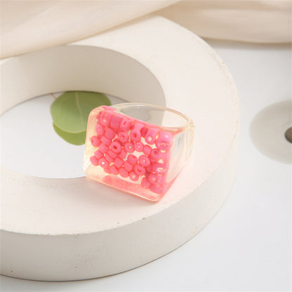 Pink and Translucent Beaded Square Ring, statement rings for women, botanical inspired, detail close-up
