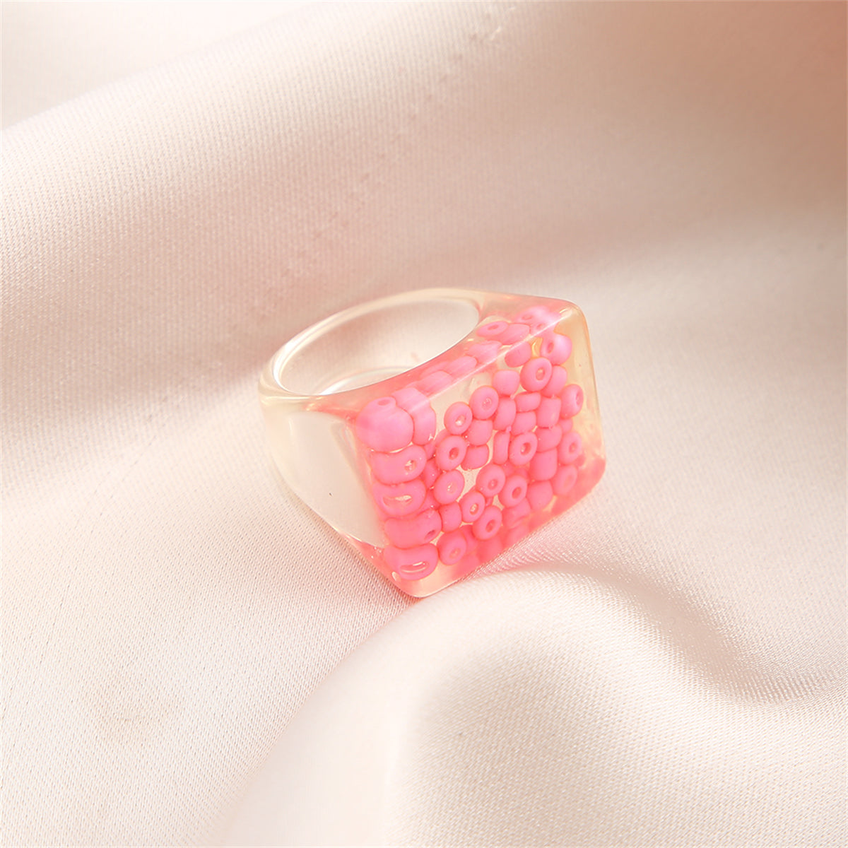 Pink and Translucent Beaded Square Ring, statement rings for women, botanical inspired, lifestyle look
