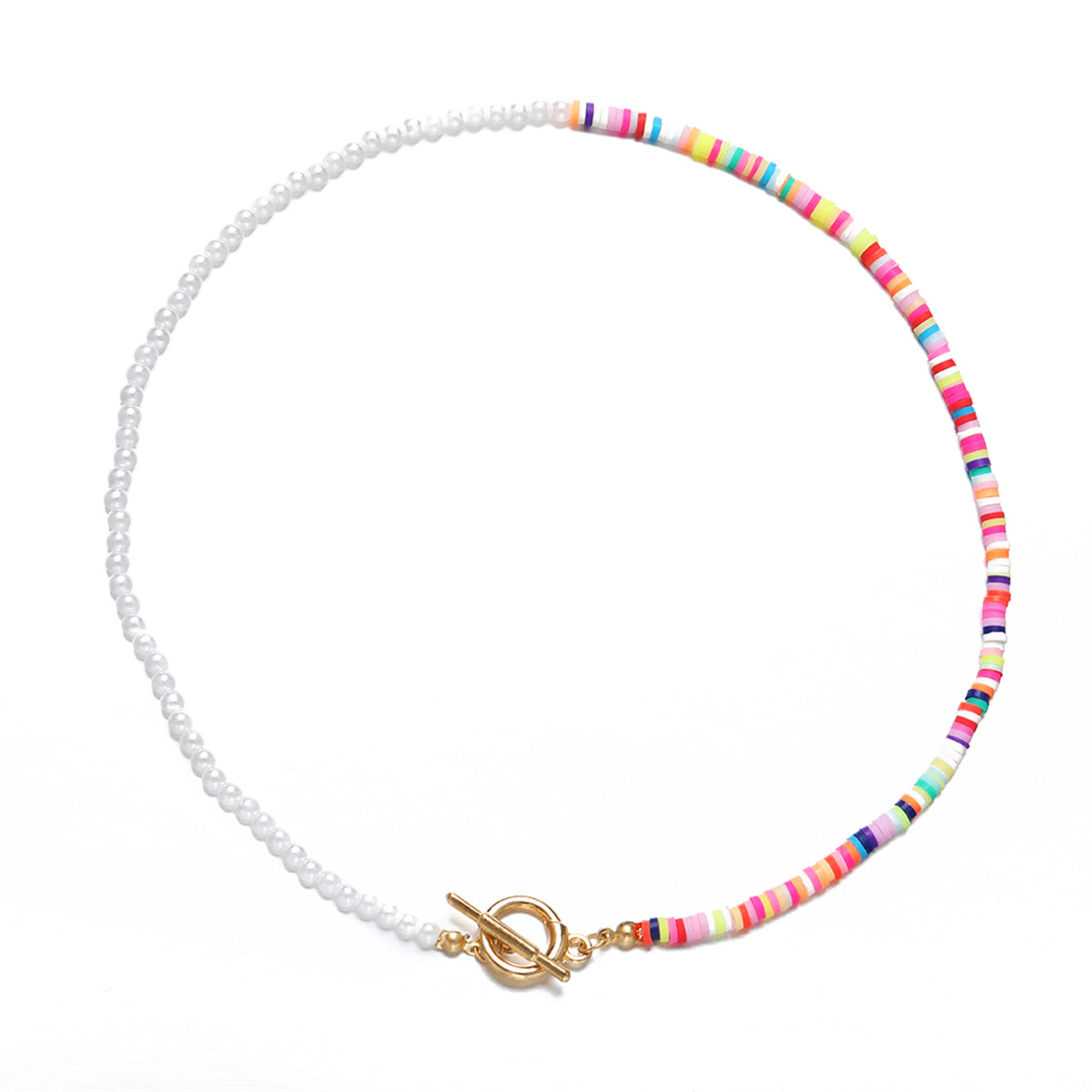 Multicolor Polymer Clay and Pearl Beaded Patchwork Toggle Necklace, pendant necklace for women, everyday style, front view