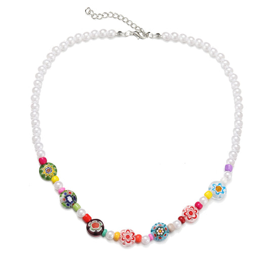 Howlite and Acrylic Pearl Flower Station Necklace, pendant necklace for women, vintage-inspired design, front view