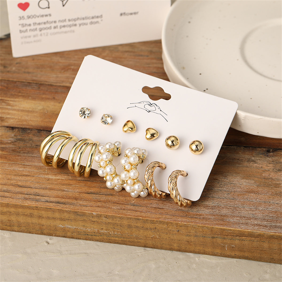 Pearl & Cubic Zirconia 18K Gold-Plated Heart Huggie Earrings Set