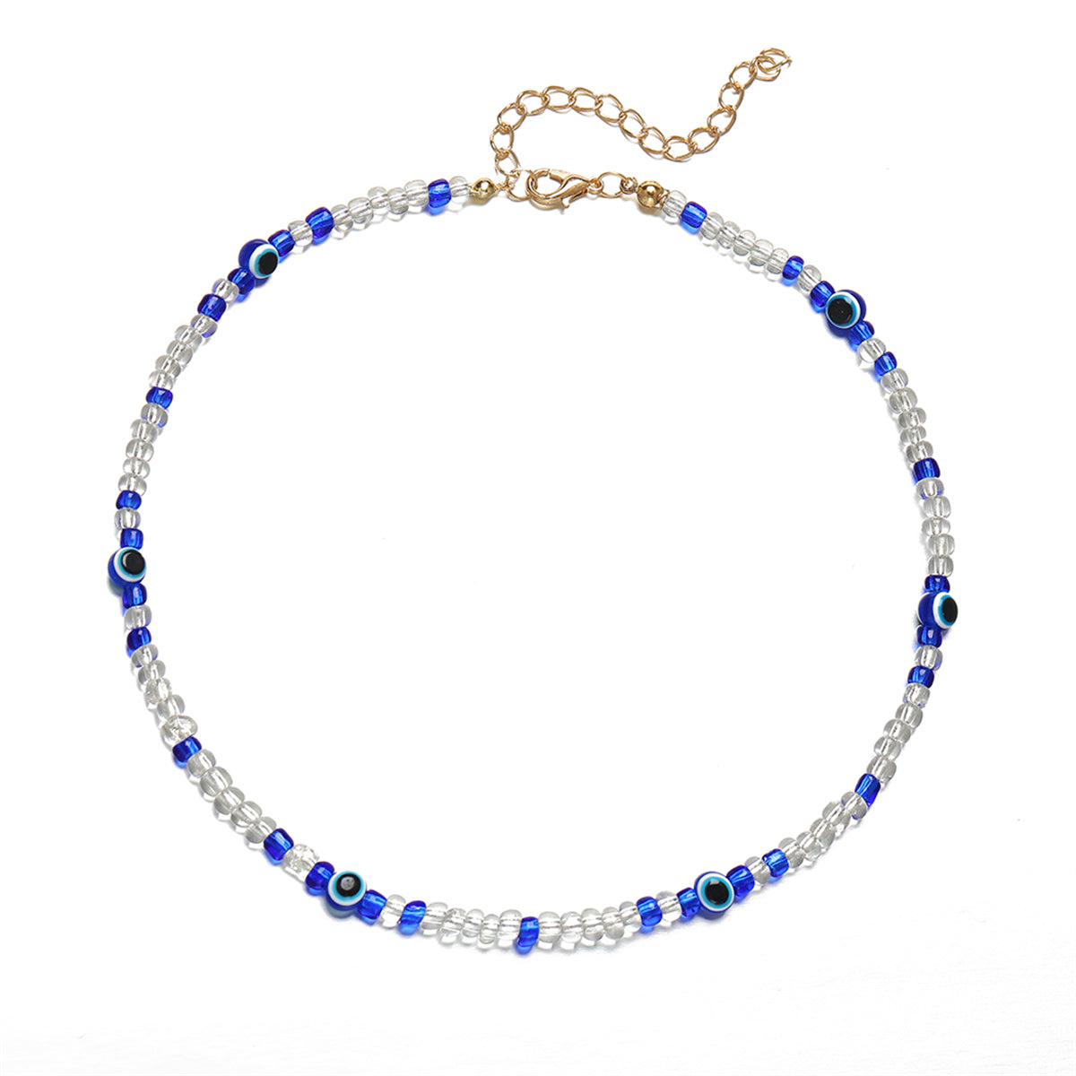 Blue Acrylic and 18K Gold-Plated Evil Eyes Beaded Choker Necklace, gold pendant necklace for women, detail close-up