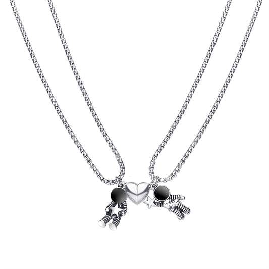 Black Enamel and Silver-Plated Heart Astronaut Pendant Necklace Set, jewelry gift sets for women, front view