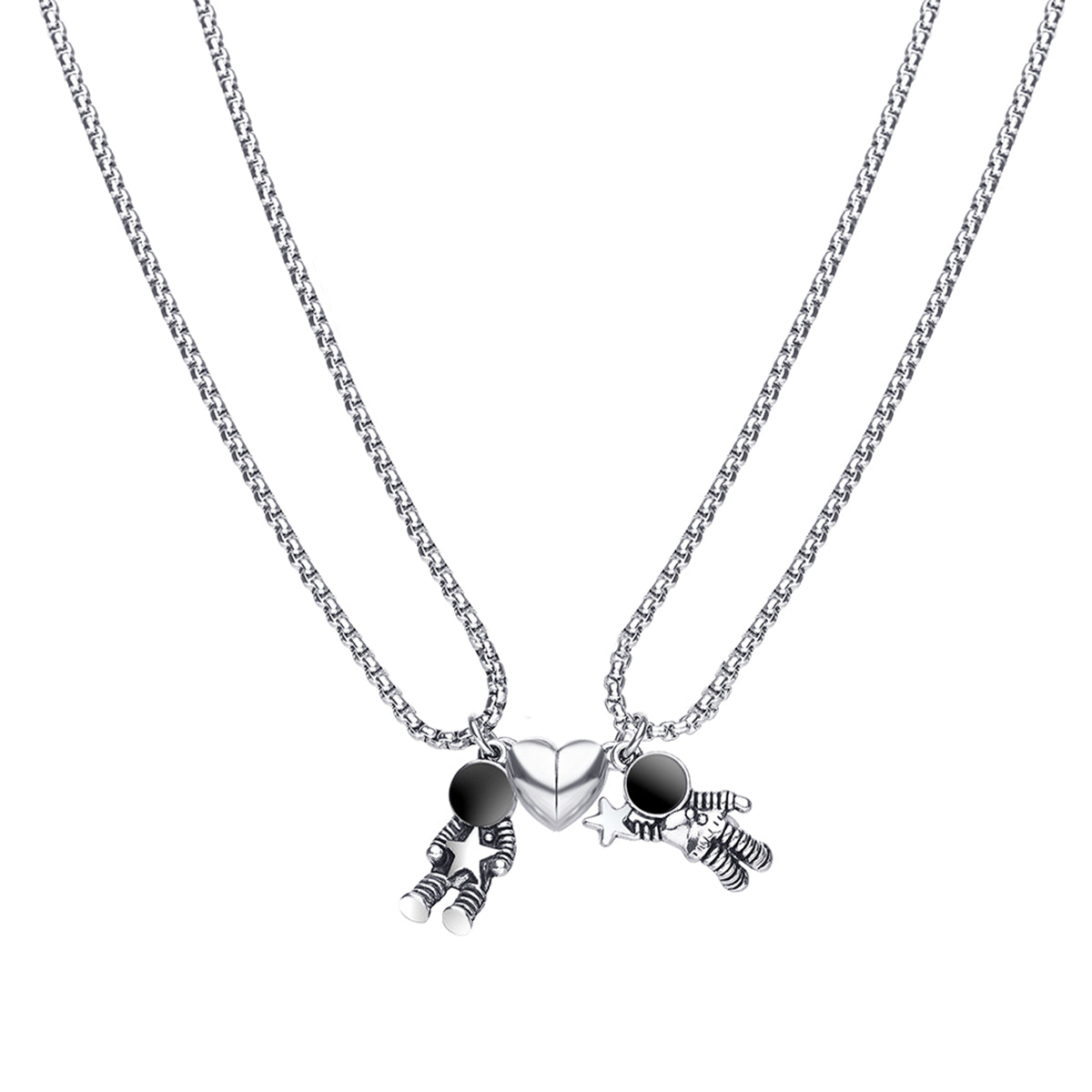 Black Enamel & Silver-Plated Heart Astronaut Pendant Necklace Set