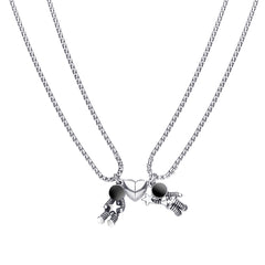 Black Enamel & Silver-Plated Heart Astronaut Pendant Necklace Set