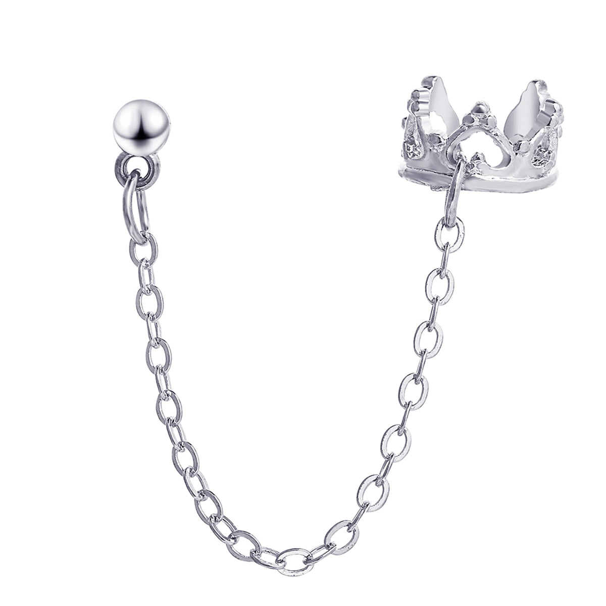 Silver-Plated Heart Crown Chain Ear Cuff, silver stud earrings for women, elegant gift for her, side view