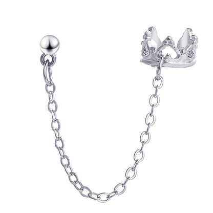 Silver-Plated Heart Crown Chain Ear Cuff, silver stud earrings for women, elegant gift for her, side view