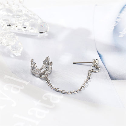 Silver-Plated Heart Crown Chain Ear Cuff, silver stud earrings for women, elegant gift for her, lifestyle look