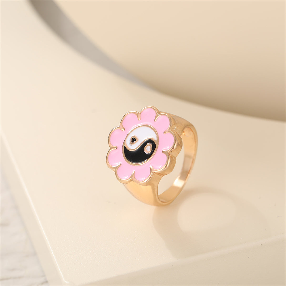 Black Enamel and 18K Gold-Plated Yin Yang Flower Ring, gold statement rings for women, everyday style, styled look