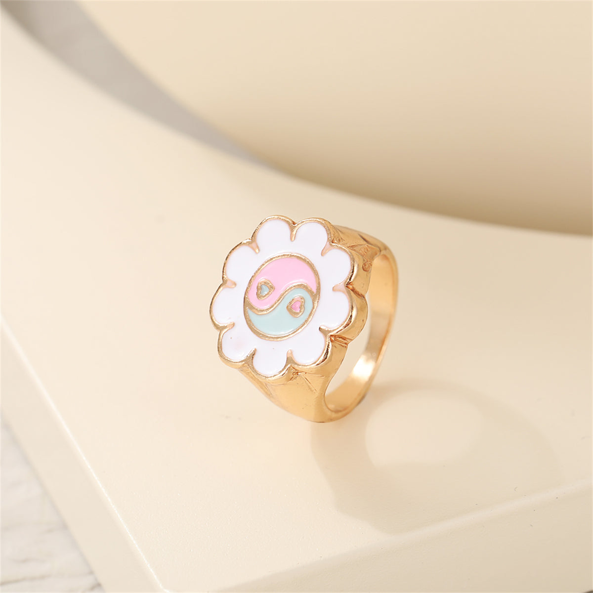 White Enamel and 18K Gold-Plated Yin Yang Flower Ring, gold statement rings for women, botanical inspired, detail close-up