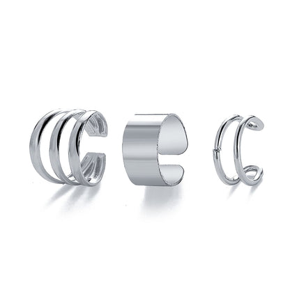 Silver-Plated Layered Ear Cuffs Set, silver stud earrings for women, vintage-inspired design, front view