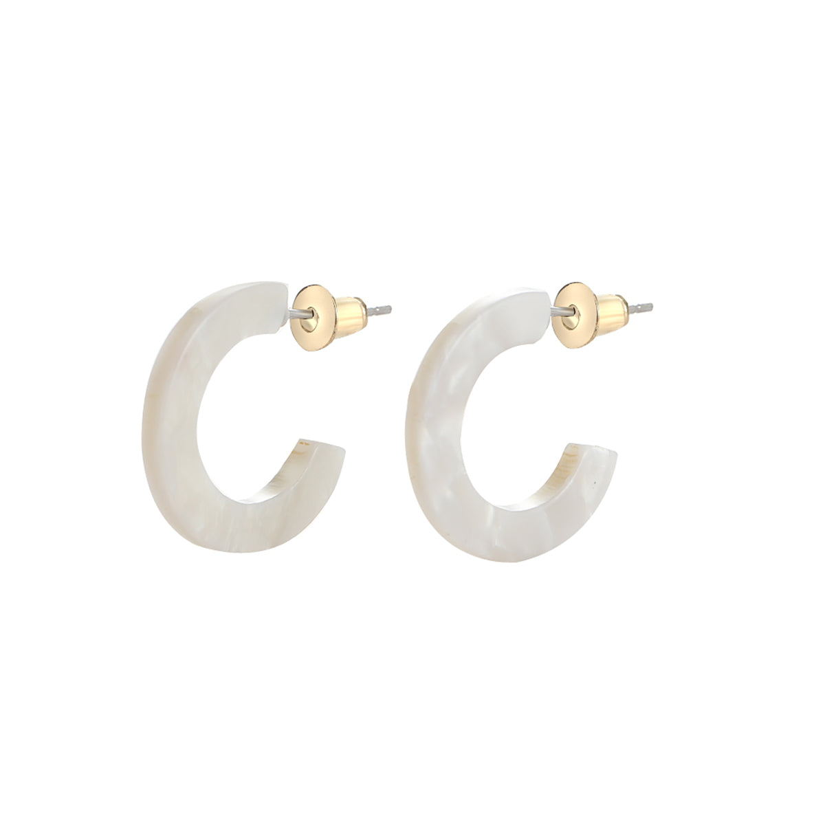 White Acrylic and 18K Gold-Plated Huggie Earrings, gold huggie earrings, dainty minimalist design, detail close-up