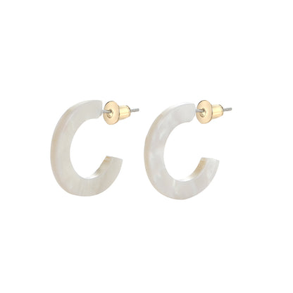 White Acrylic and 18K Gold-Plated Huggie Earrings, gold huggie earrings, dainty minimalist design, detail close-up