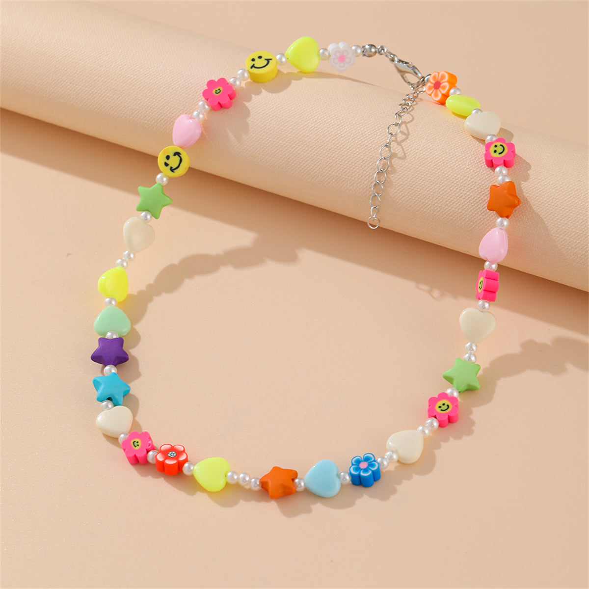 Pink and Yellow Acrylic Pearl Beaded Necklace, pendant necklace for women, vintage-inspired design, front view