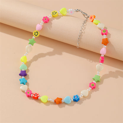 Pink and Yellow Acrylic Pearl Beaded Necklace, pendant necklace for women, vintage-inspired design, front view