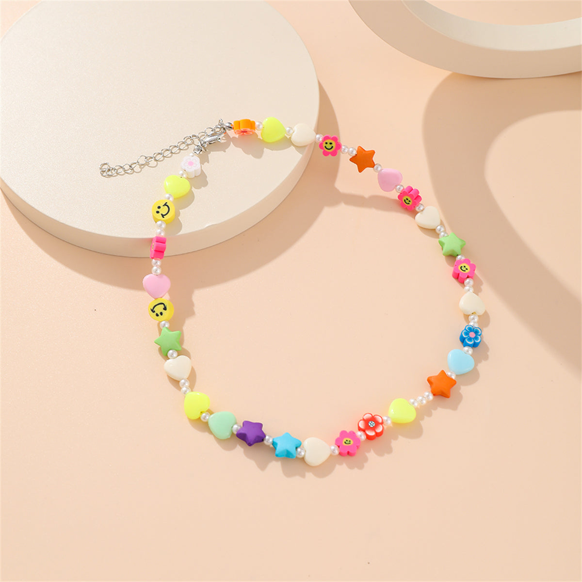 Pink and Yellow Acrylic Pearl Beaded Necklace, pendant necklace for women, vintage-inspired design, styled look