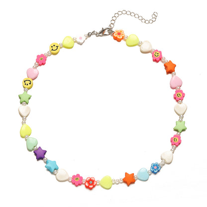 Pink and Yellow Acrylic Pearl Beaded Necklace, pendant necklace for women, vintage-inspired design, side view
