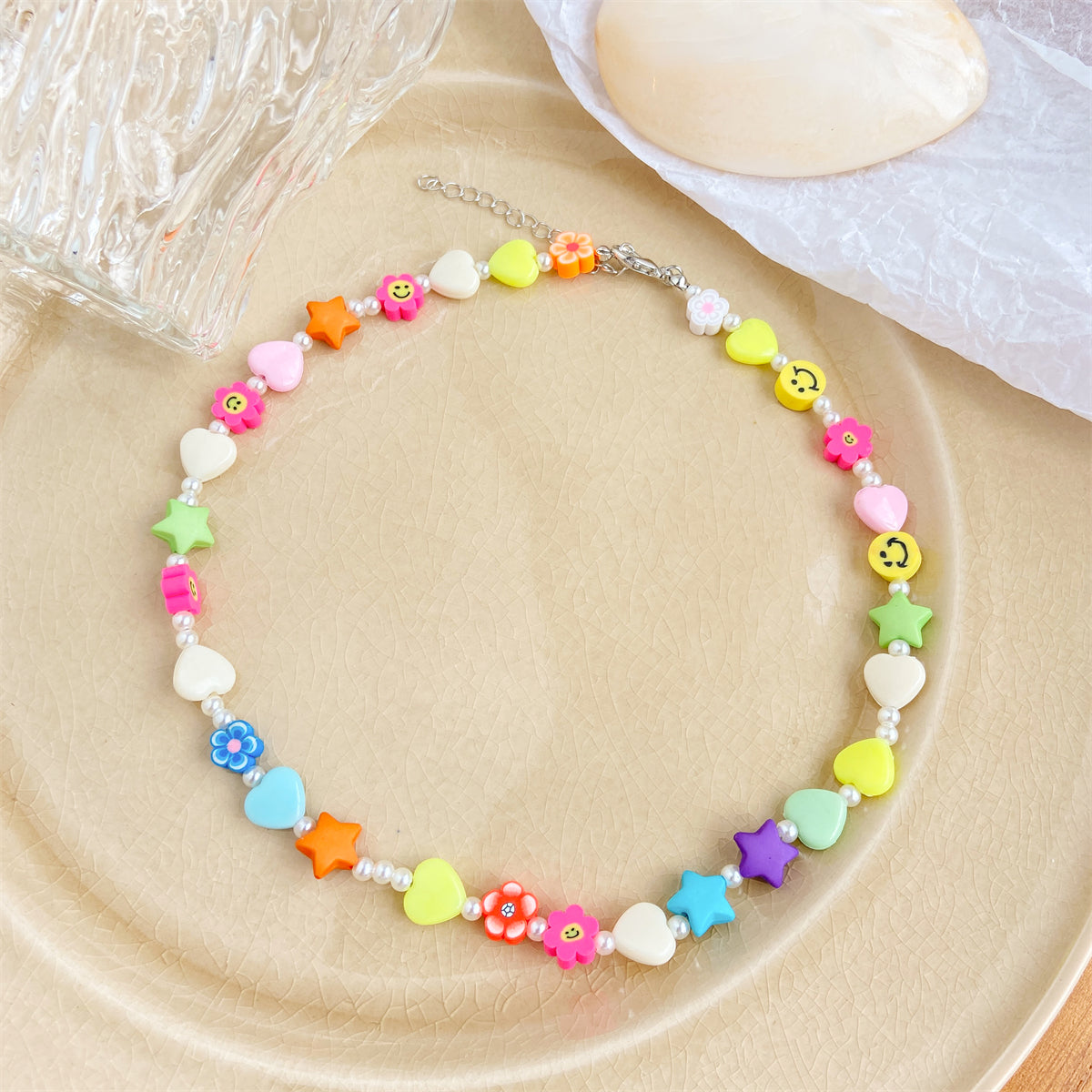 Pink and Yellow Acrylic Pearl Beaded Necklace, pendant necklace for women, vintage-inspired design, detail close-up