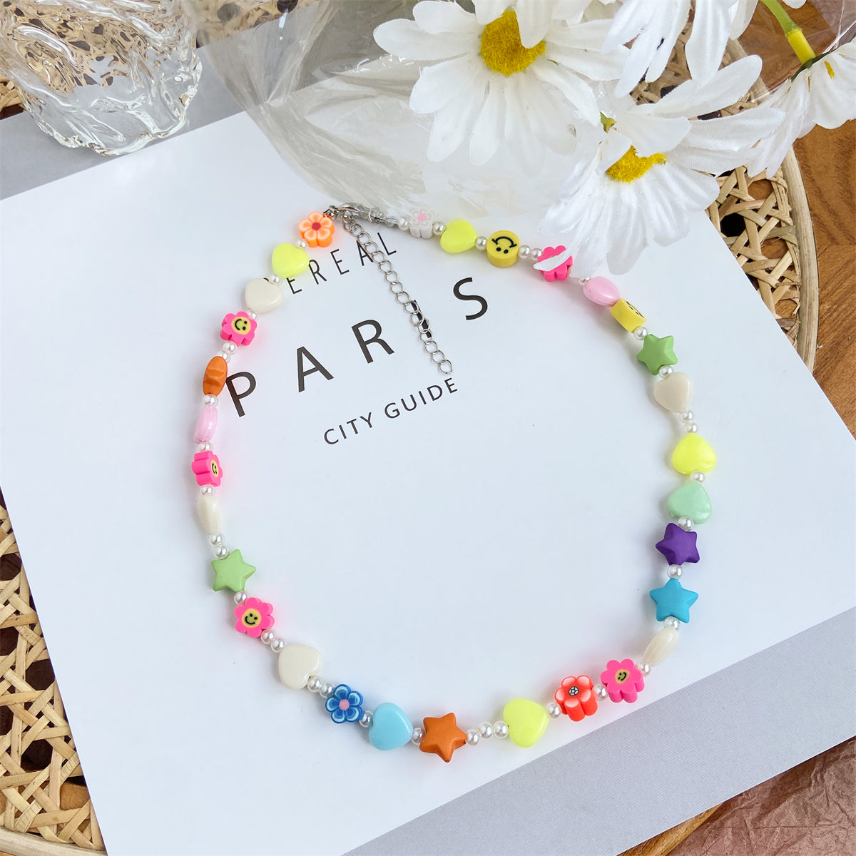 Pink and Yellow Acrylic Pearl Beaded Necklace, pendant necklace for women, vintage-inspired design, lifestyle look