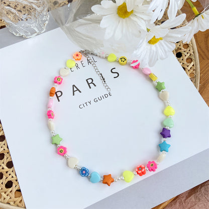 Pink and Yellow Acrylic Pearl Beaded Necklace, pendant necklace for women, vintage-inspired design, lifestyle look