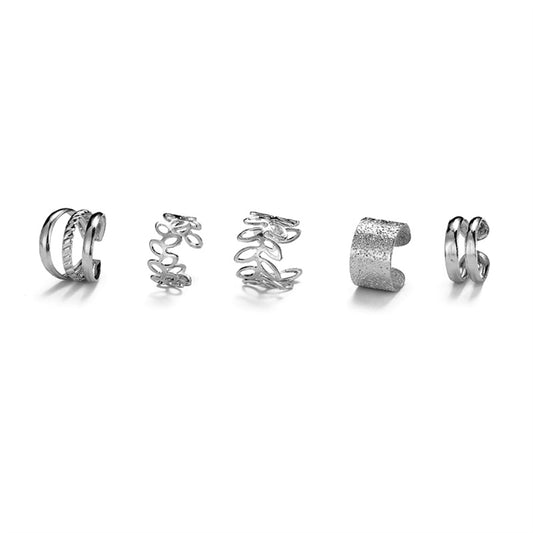 Silver-Plated Frosted Flower Ear Cuff Set, silver stud earrings for women, botanical inspired, front view