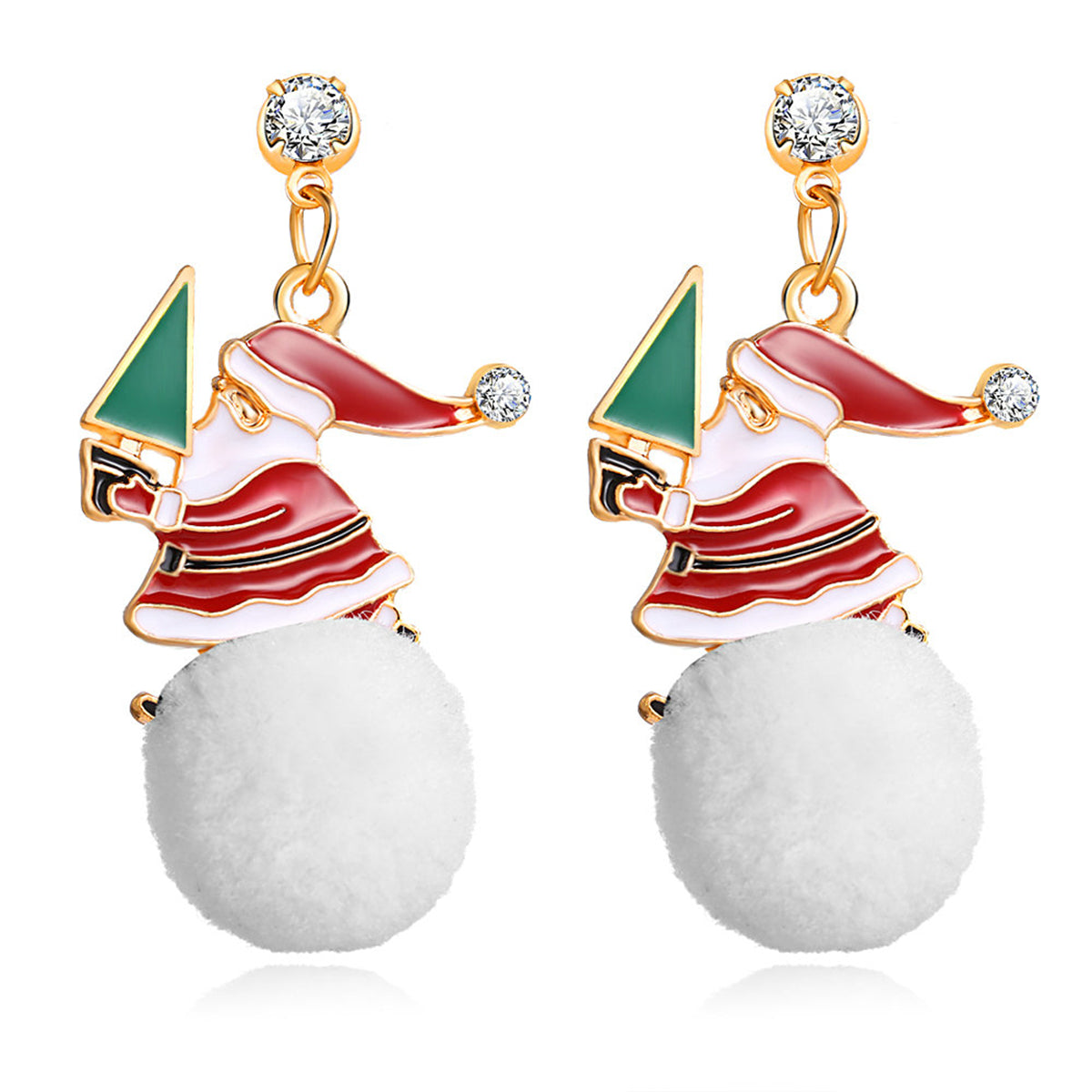 Cubic Zirconia and Enamel 18K Gold-Plated Santa Drop Earring, gold drop earrings for women, elegant gift for her, front view