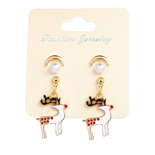 Pearl and Enamel 18K Gold-Plated Reindeer Earring Set, gold stud earrings for women, botanical inspired, front view