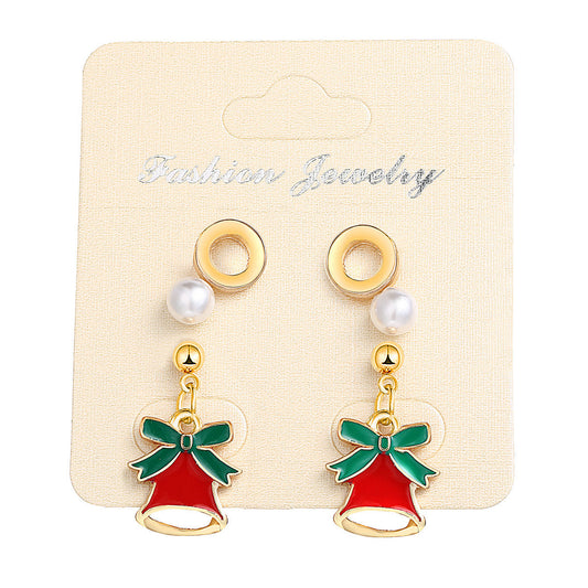 Pearl and Enamel 18K Gold-Plated Bell Drop Earring Set, gold stud earrings for women, botanical inspired, front view