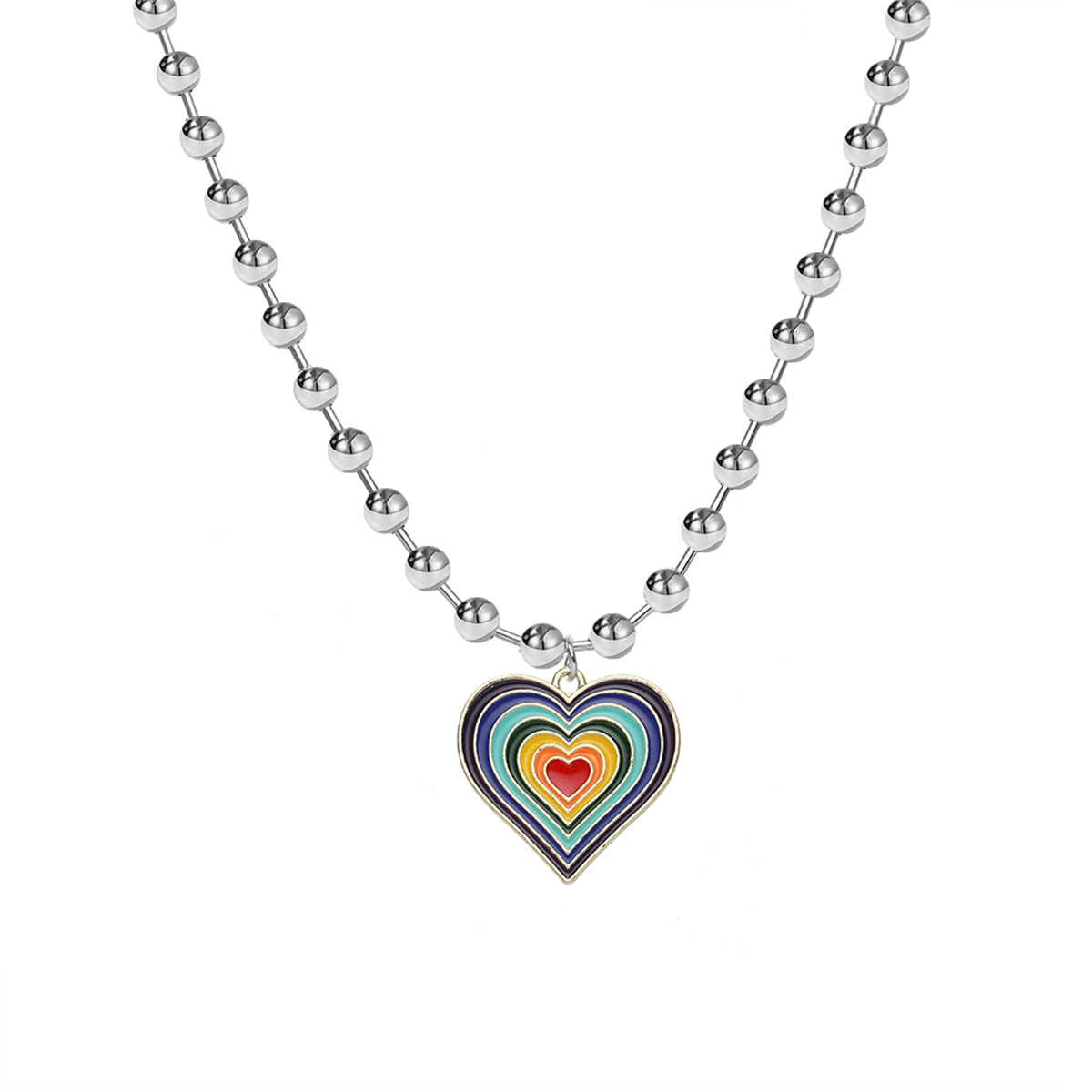 Rainbow Enamel & Silver-Plated Bead Chain Heart Pendant Necklace