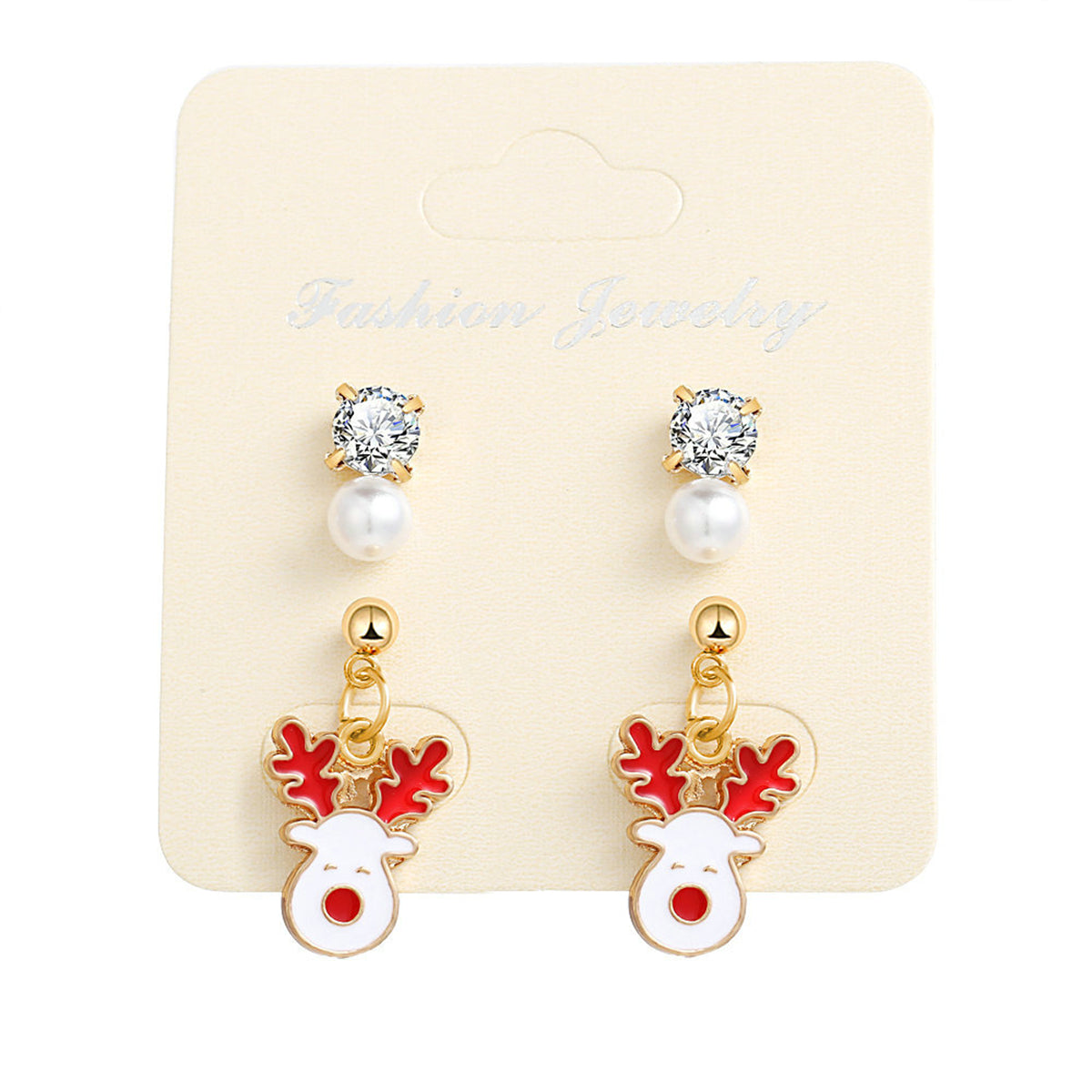 Cubic Zirconia and Pearl Enamel 18K Gold-Plated Reindeer Dangle Earring, gold stud earrings for women, front view