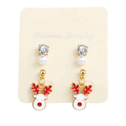 Cubic Zirconia and Pearl Enamel 18K Gold-Plated Reindeer Dangle Earring, gold stud earrings for women, front view