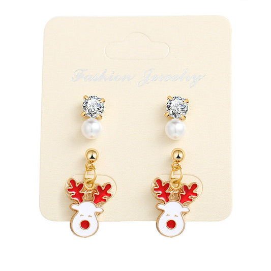 Cubic Zirconia and Pearl Enamel 18K Gold-Plated Reindeer Dangle Earring, gold stud earrings for women, front view
