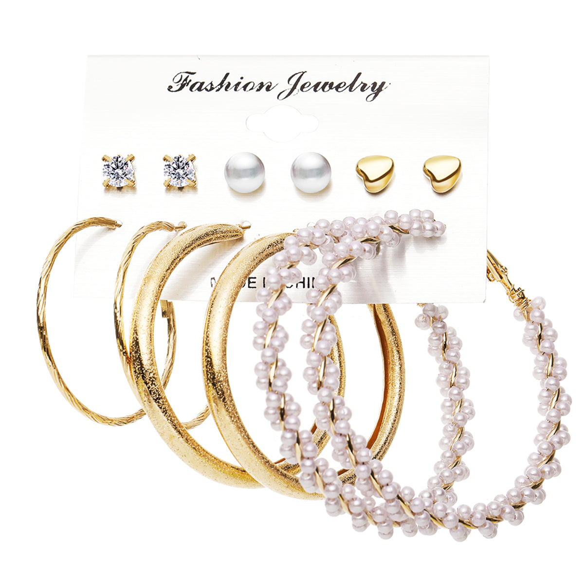 Cubic Zirconia and Pearl 18K Gold-Plated Hoop Earring Set, gold stud earrings for women, detail close-up