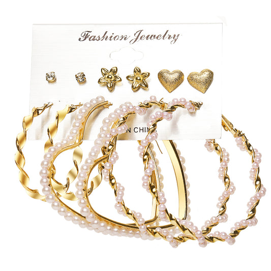 Cubic Zirconia and Pearl 18K Gold-Plated Hoop and Stud Earrings Set, gold stud earrings for women, front view