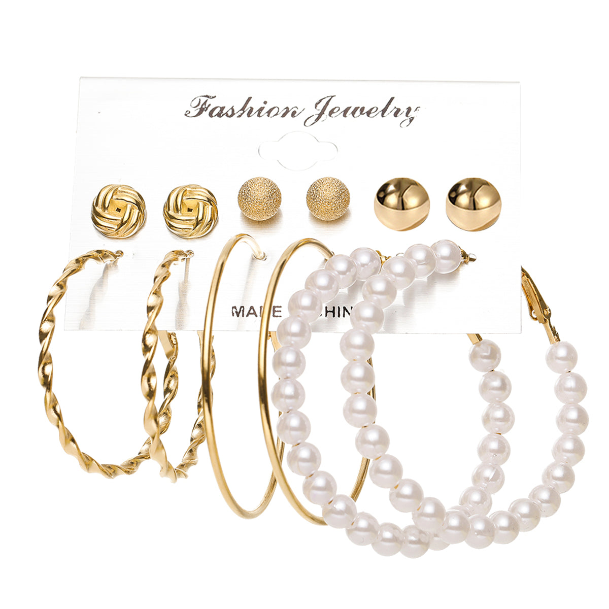 Pearl and 18K Gold-Plated Frosted Twisted Hoop Earring Set, gold stud earrings for women, elegant gift for her, front view