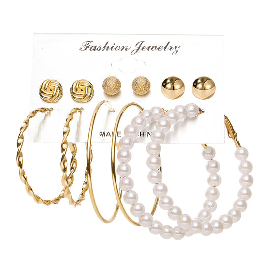 Pearl and 18K Gold-Plated Frosted Twisted Hoop Earring Set, gold stud earrings for women, elegant gift for her, front view