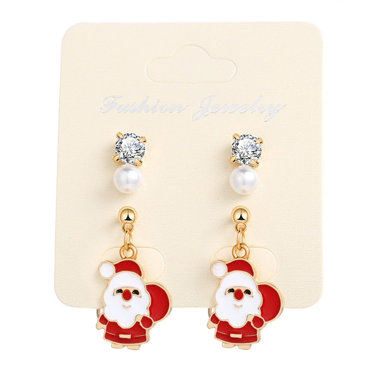 Cubic Zirconia and Pearl Enamel 18K Gold-Plated Santa Dangle Earring, gold stud earrings for women, side view