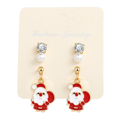 Cubic Zirconia and Pearl Enamel 18K Gold-Plated Santa Dangle Earring, gold stud earrings for women, side view