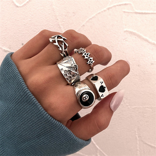 Black Enamel and Silver-Plated Skull Joker Ring Set, silver statement rings for women, everyday style, side view