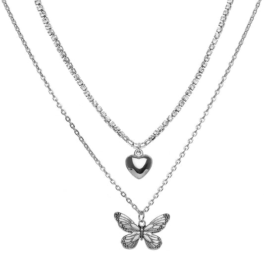 Cubic Zirconia and Silver-Plated Butterfly Layered Pendant Necklace, silver pendant necklace for women, front view