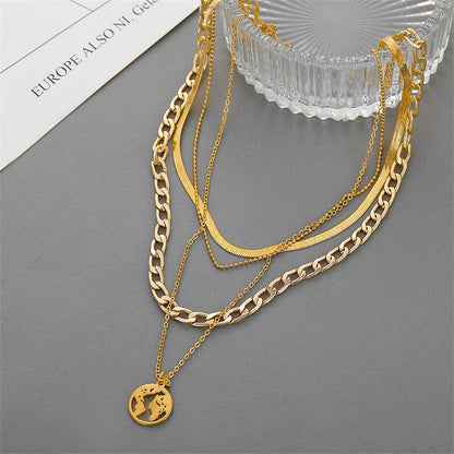 18K Gold-Plated Curb and Snake Chain Map Pendant Layered Necklace, gold pendant necklace for women, styled look