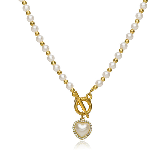 Cubic Zirconia and Pearl 18K Gold-Plate Heart Pendant Necklace, gold pendant necklace for women, front view