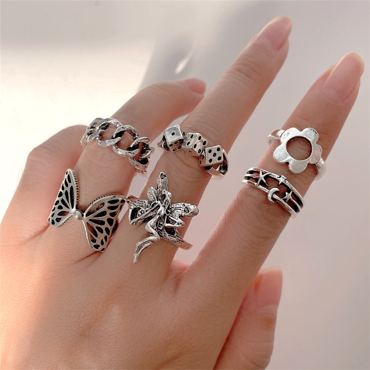 Silver-Plated Butterfly and Fairy Ring Set, jewelry gift sets for women, dainty minimalist design, front view