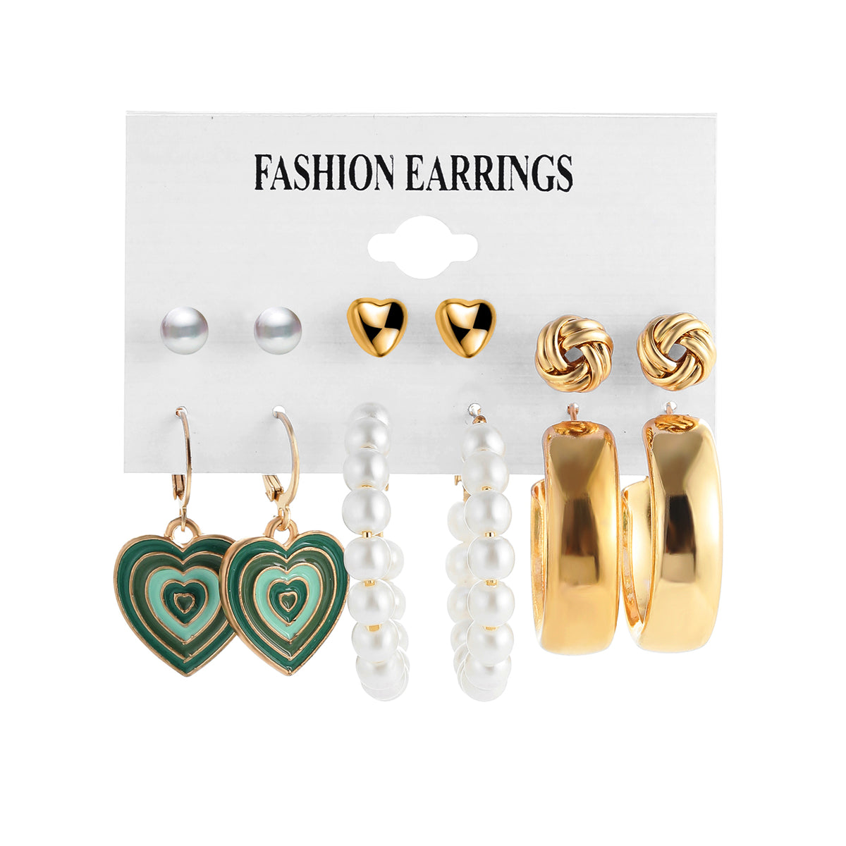 Pearl and Enamel 18K Gold-Plated Heart Drop Earring Set, gold huggie earrings, elegant gift for her, front view